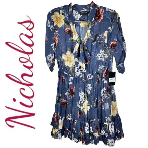 NWT NICHOLAS 100% Silk Floral Ruffled Mini Dress,‎ Size 8 - Picture 3 of 12